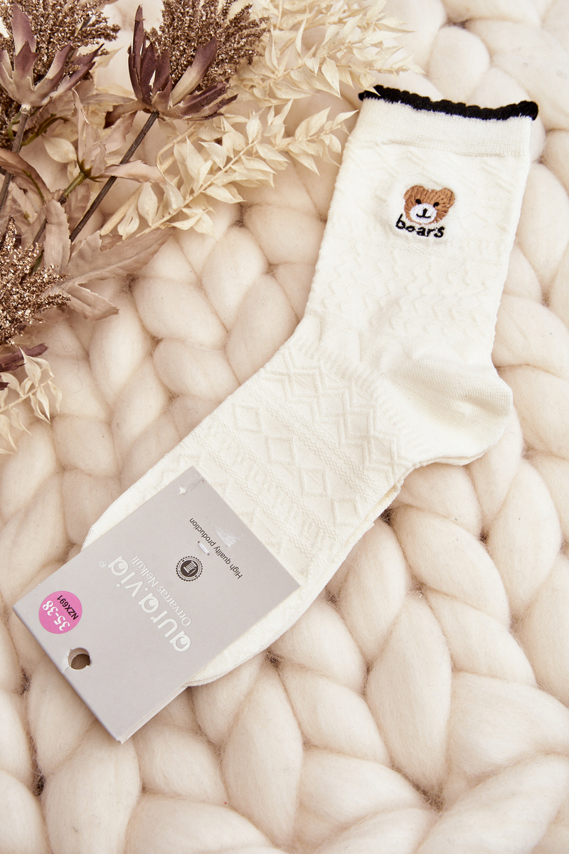 Patterned Socks For Women With Teddy Bear, White