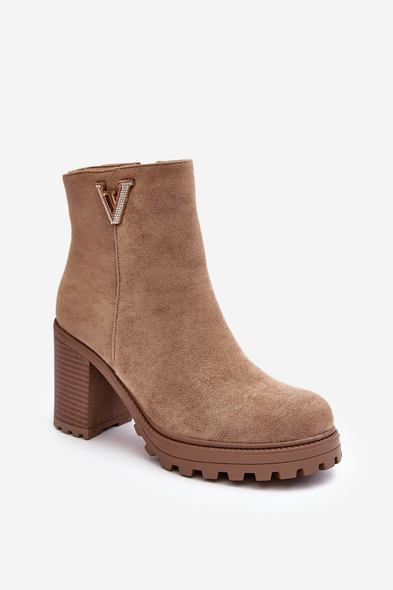 Women's suede high-heeled ankle boots with embellishments, beige thick