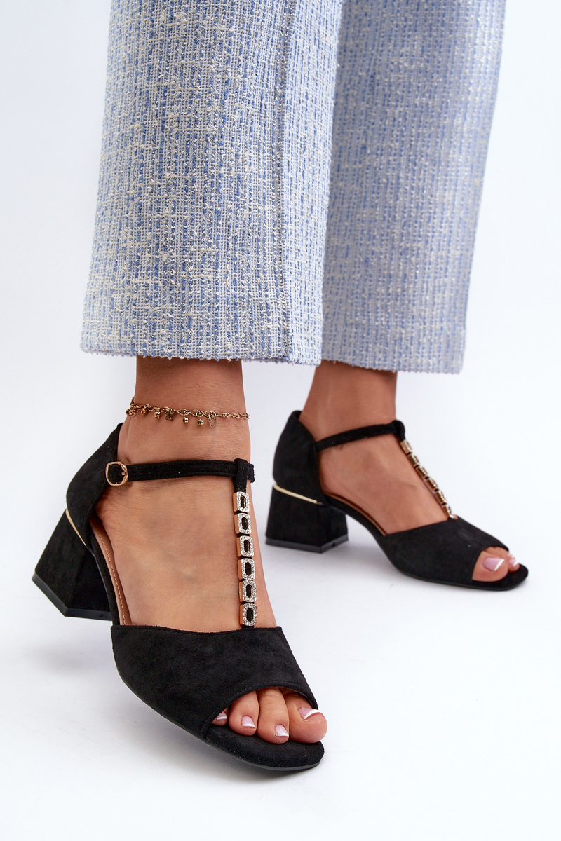 Women's sandals with block heel and decorative strap, Eco-friendly suede, Black Vanity