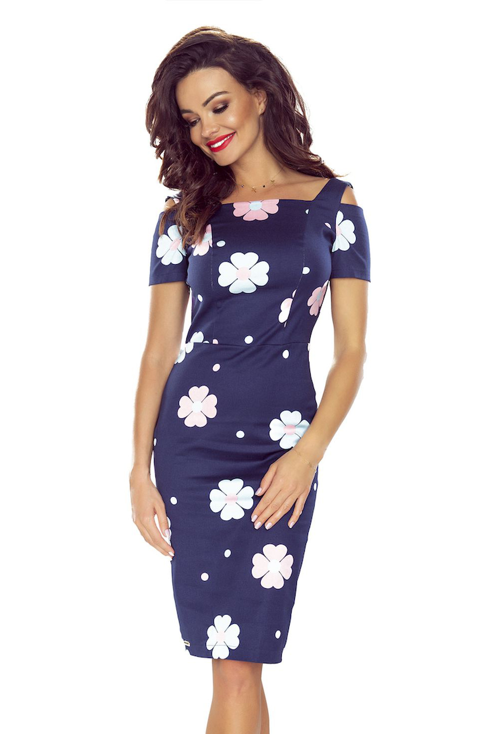 Levně Elegantní šaty s krátkým rukávem Bergamo - tmavě modré s květinami