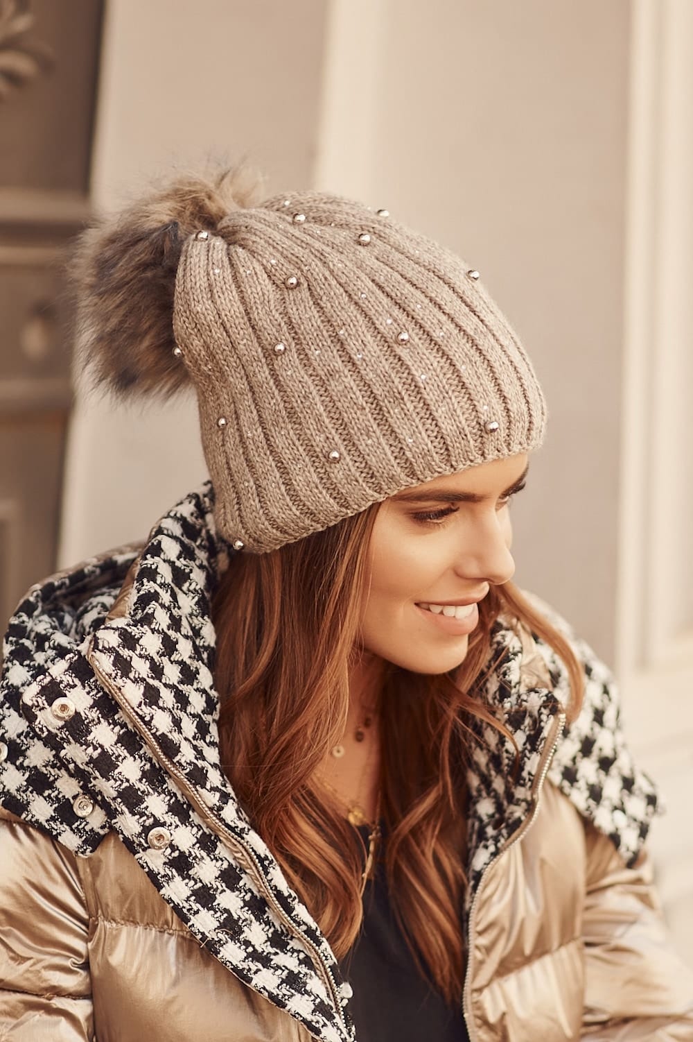 Warm beanie with beads and cappuccino pompom
