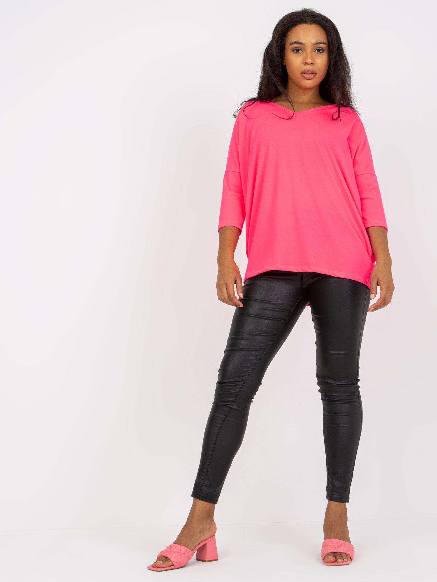 Plus Size Fluo Pink Viscose Blouse With 3/4 Sleeves
