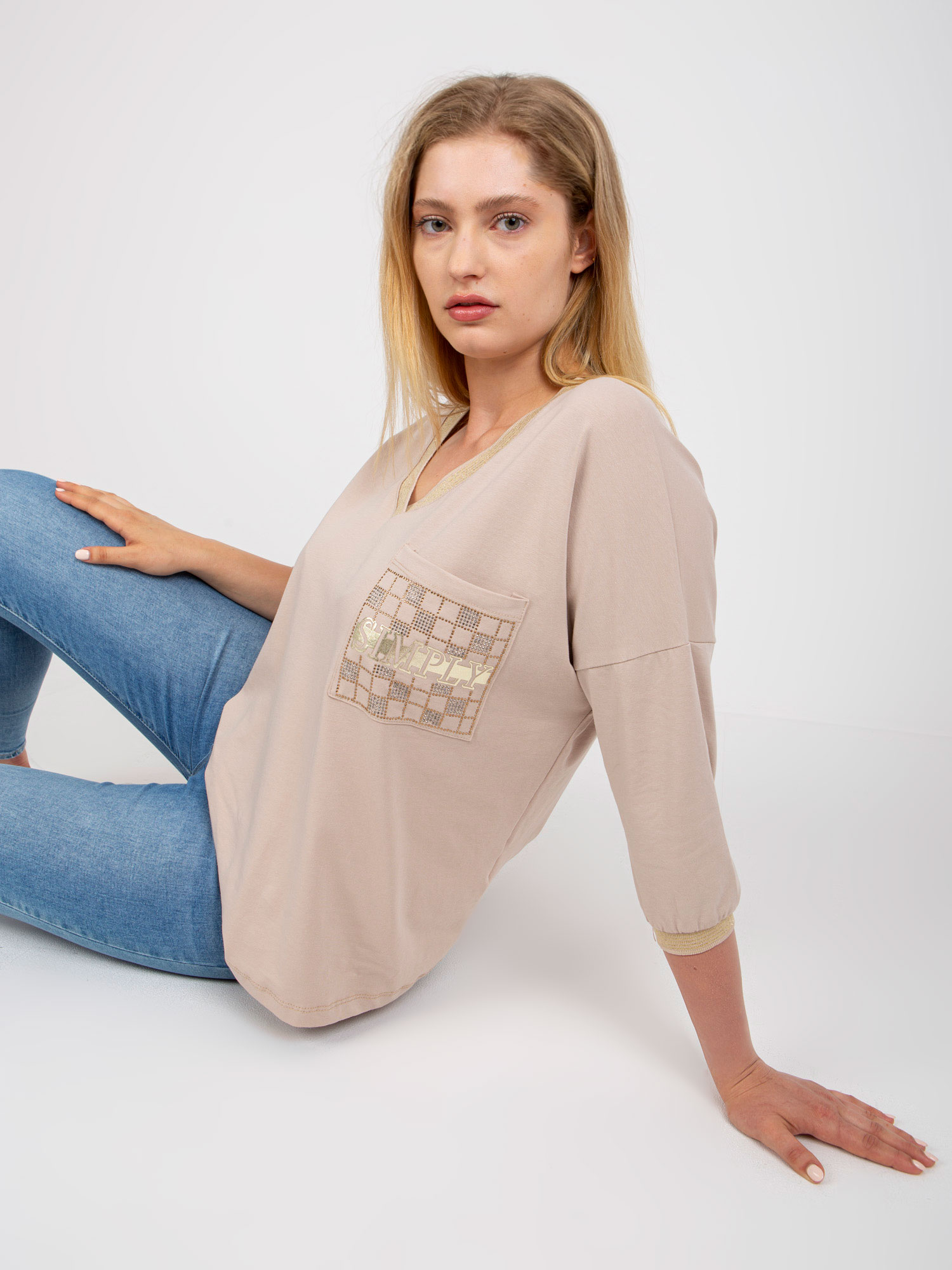 Beige Cotton Blouse Of Larger Size With V-neck