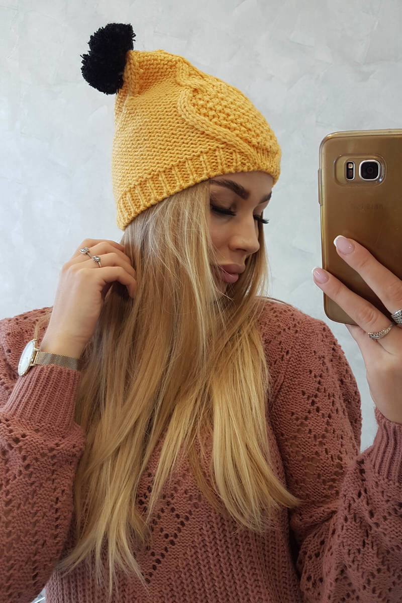 Cap with fleece 2 pom-poms K291 yellow