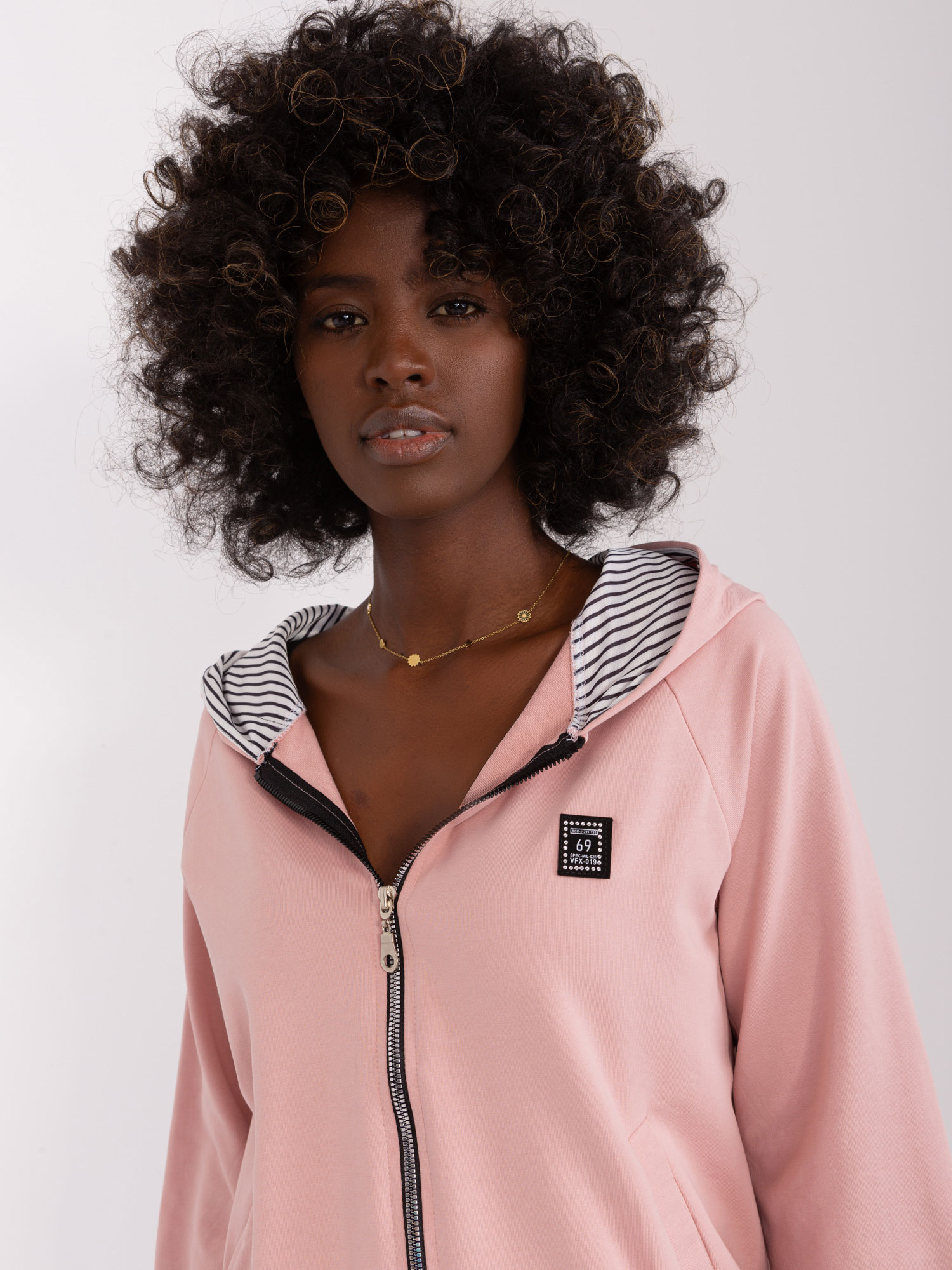 Light Pink Zippered Sweatshirt With Striped Lining