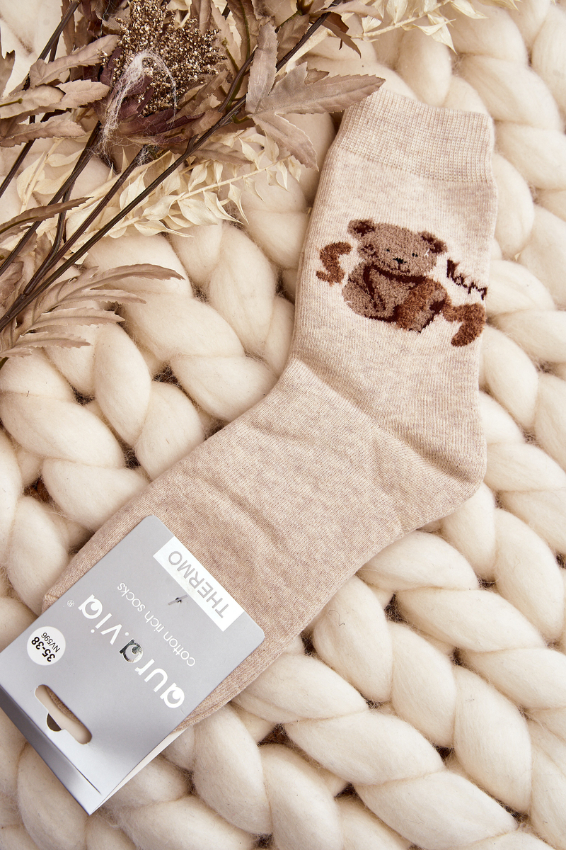 Warm Beige Cotton Socks With Teddy Bear