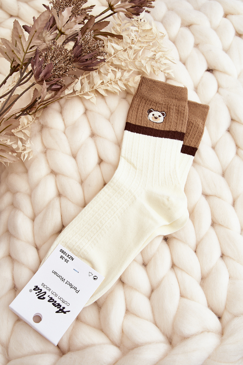 Women's Socks With Teddy Bear, Cream