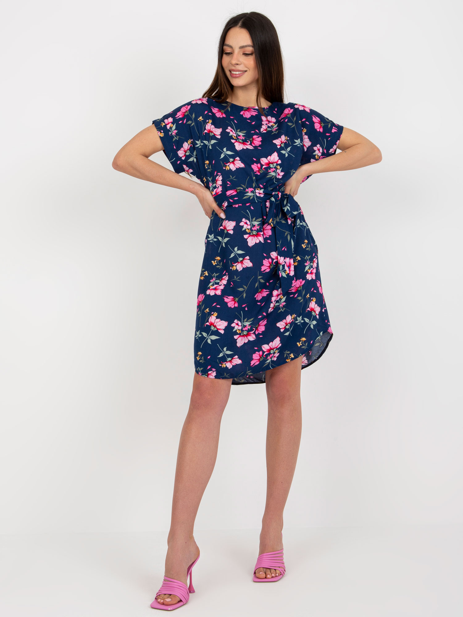 Navy Blue Floral Dress With Belt From RUE PARIS