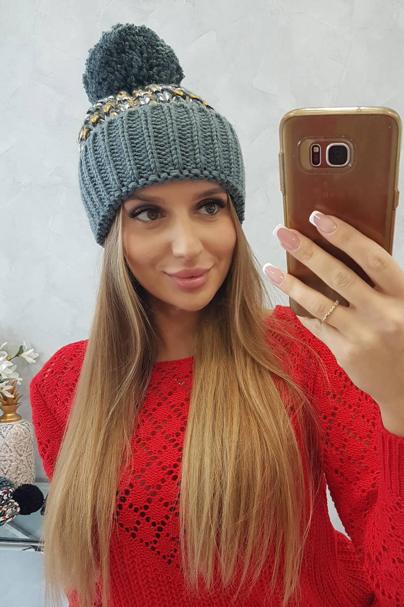 Beanie with pompom Ellen K325 dark gray+yellow