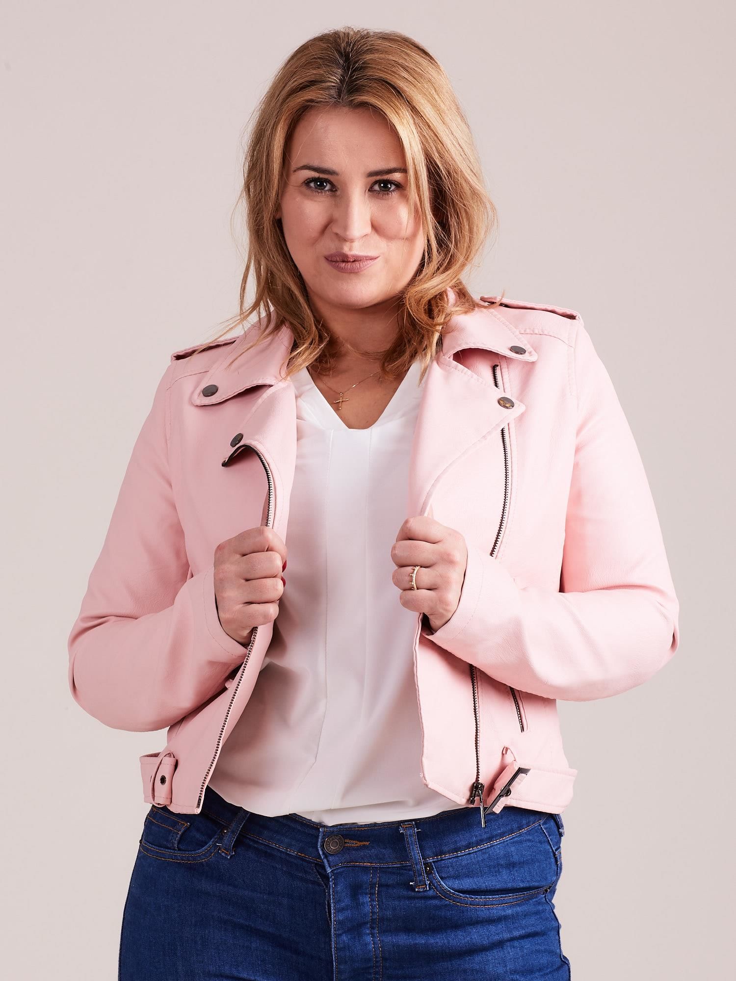 s light pink PU leather jacket PLUS SIZE