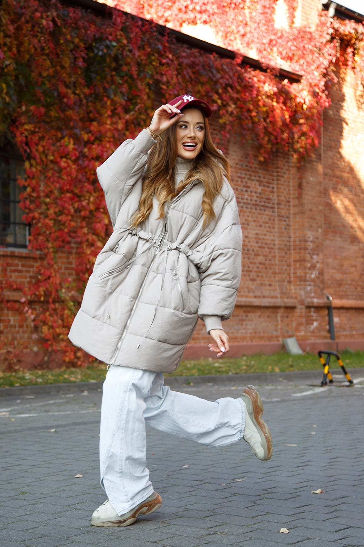 Warm oversized hooded jacket, beige