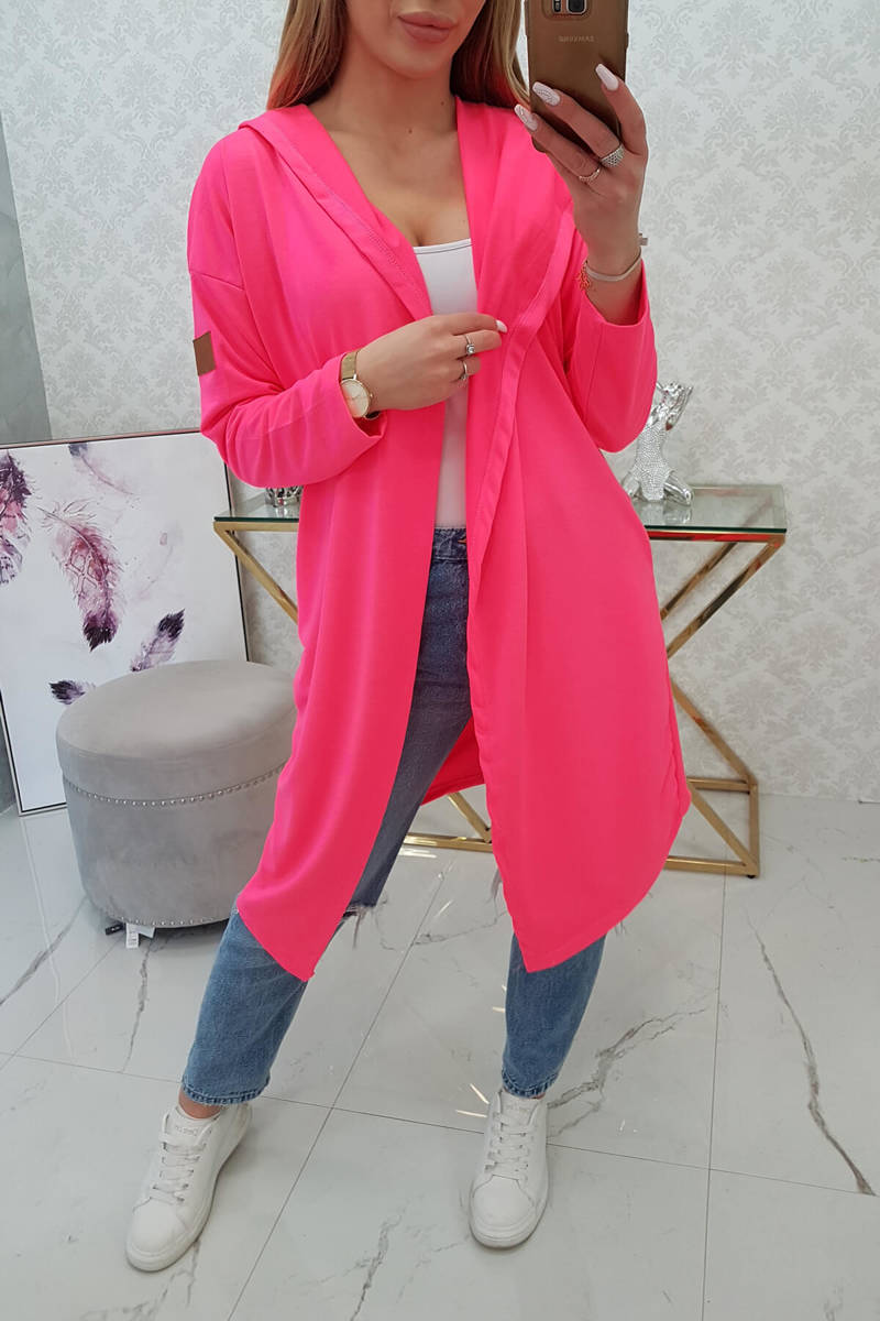 Long Cardigan With Hood In Pink Neon