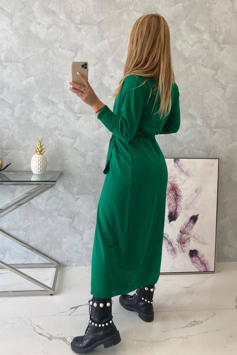 Long sweater with waist tie in green color