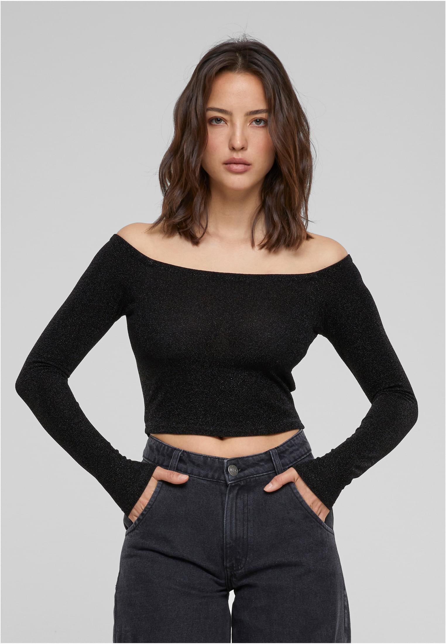 Women's Off Shoulder Glitter Long Sleeve Black