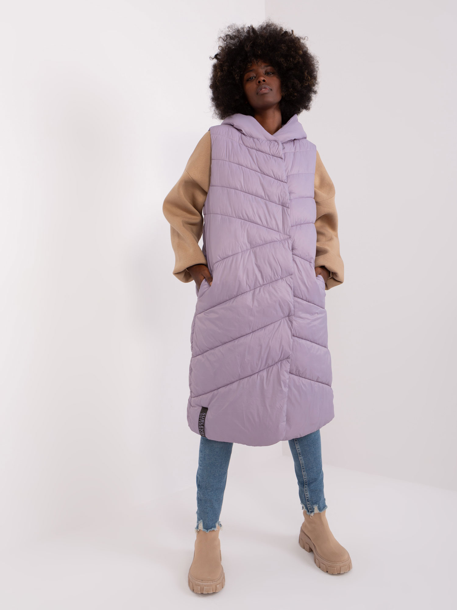 Levně Světle fialová dlouhá vesta s kapucí SUBLEVEL