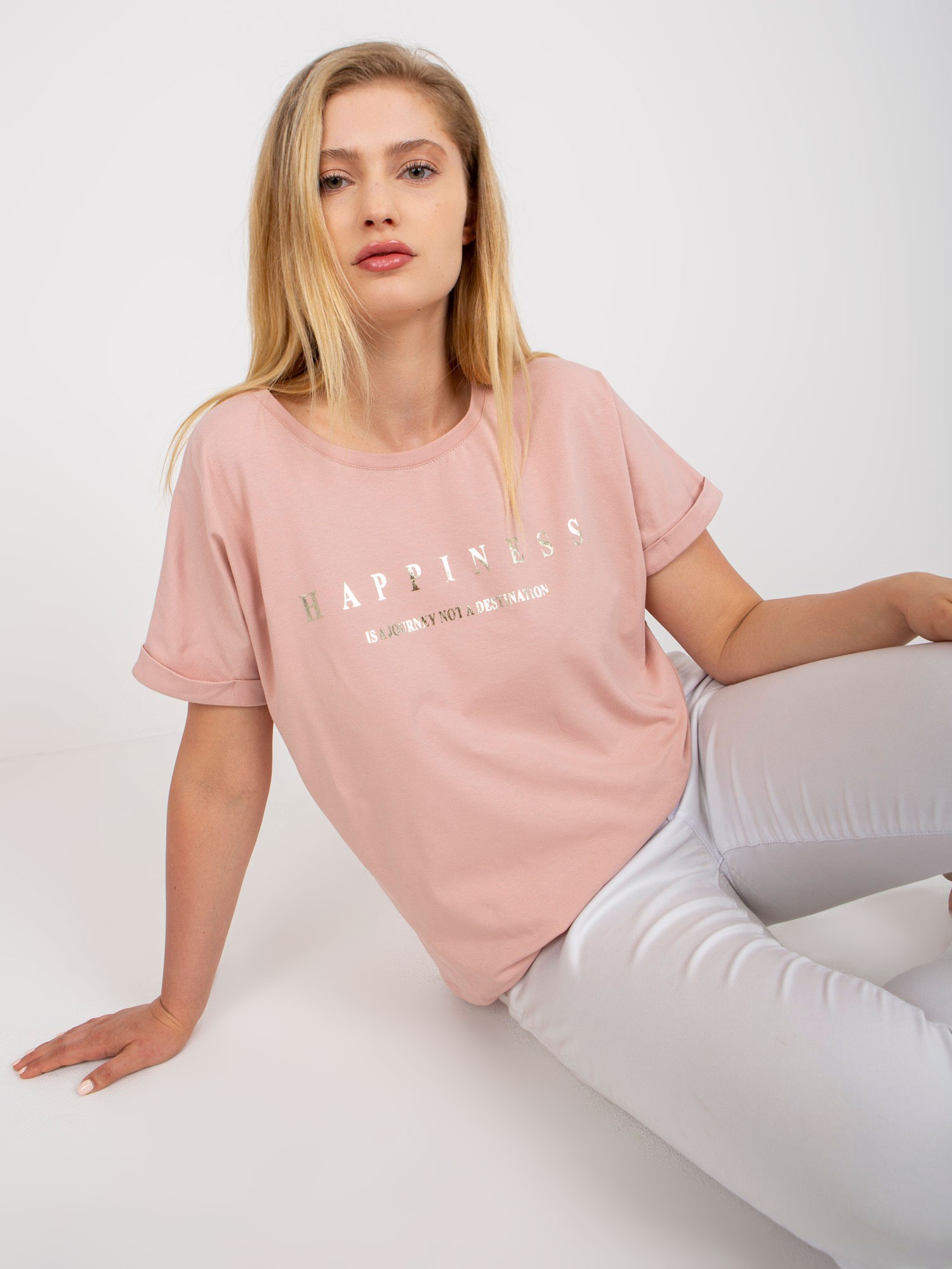 Levně Prašně růžové bavlněné tričko plus size velikosti s potiskem