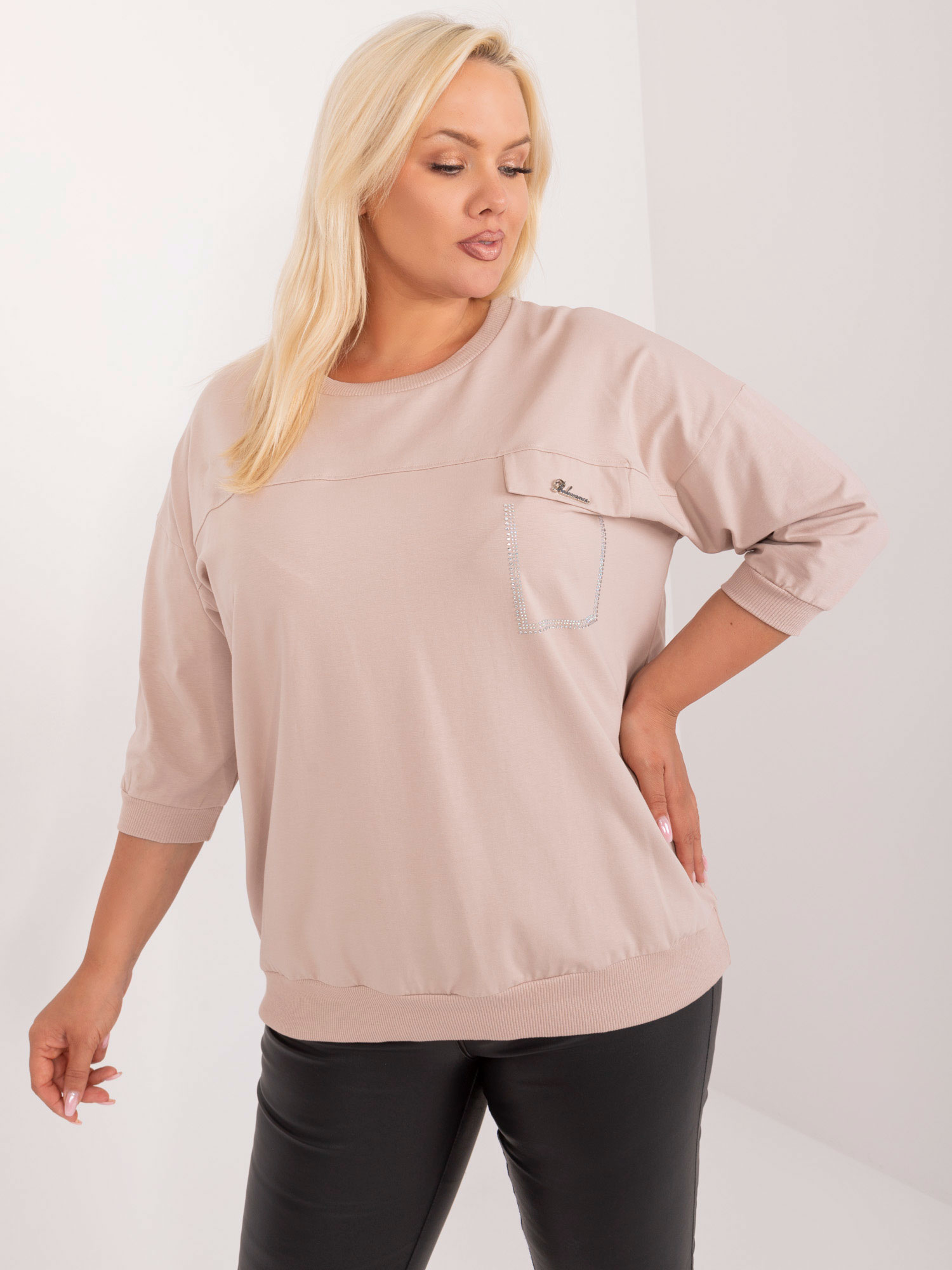 Beige women's oversize blouse with 3/4 sleeves