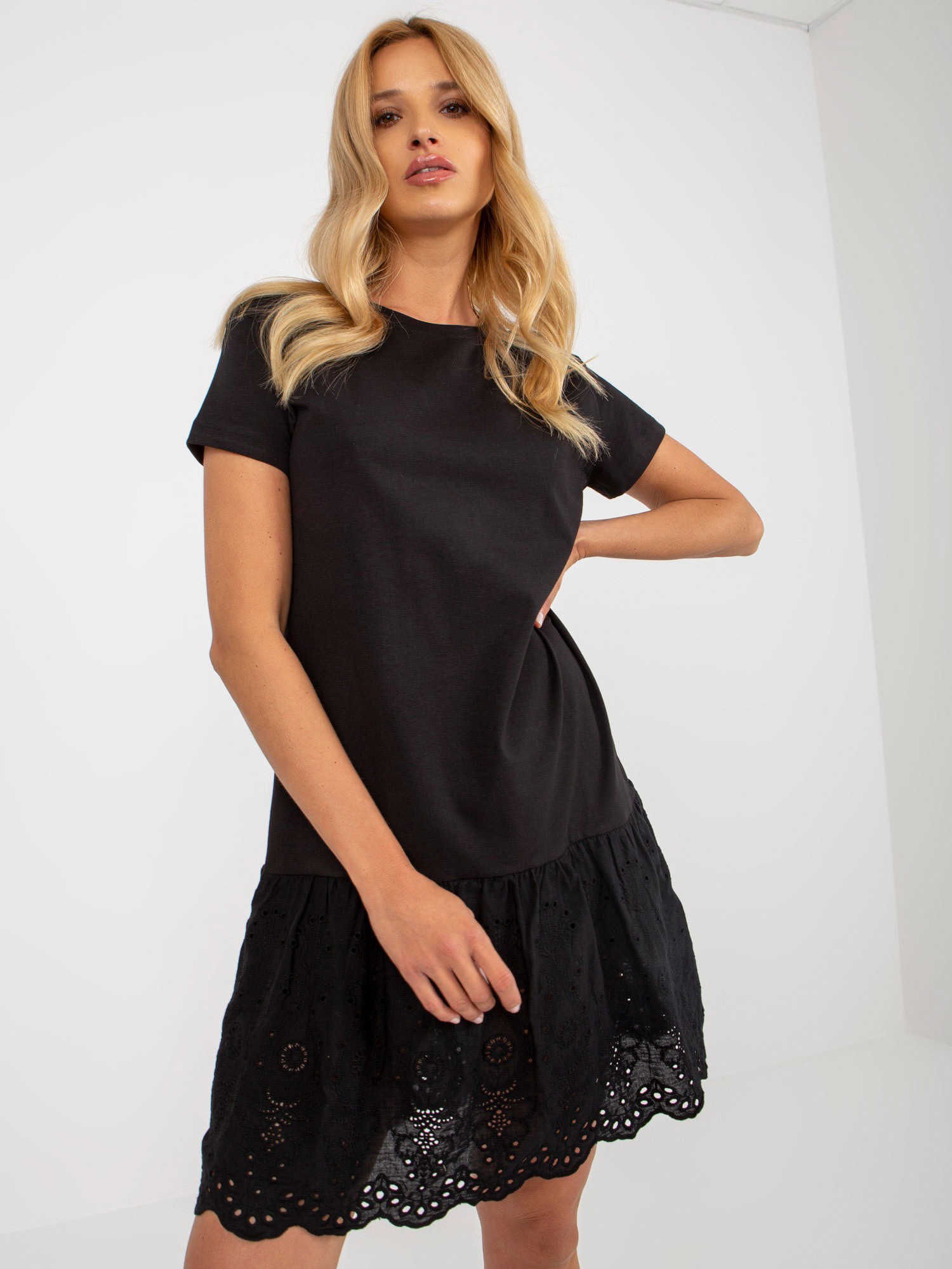 Black Cotton Dress With Frill