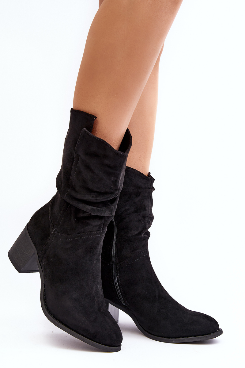Women's Insulated Boots With A Gathered High-heeled Upper, Black Shaved