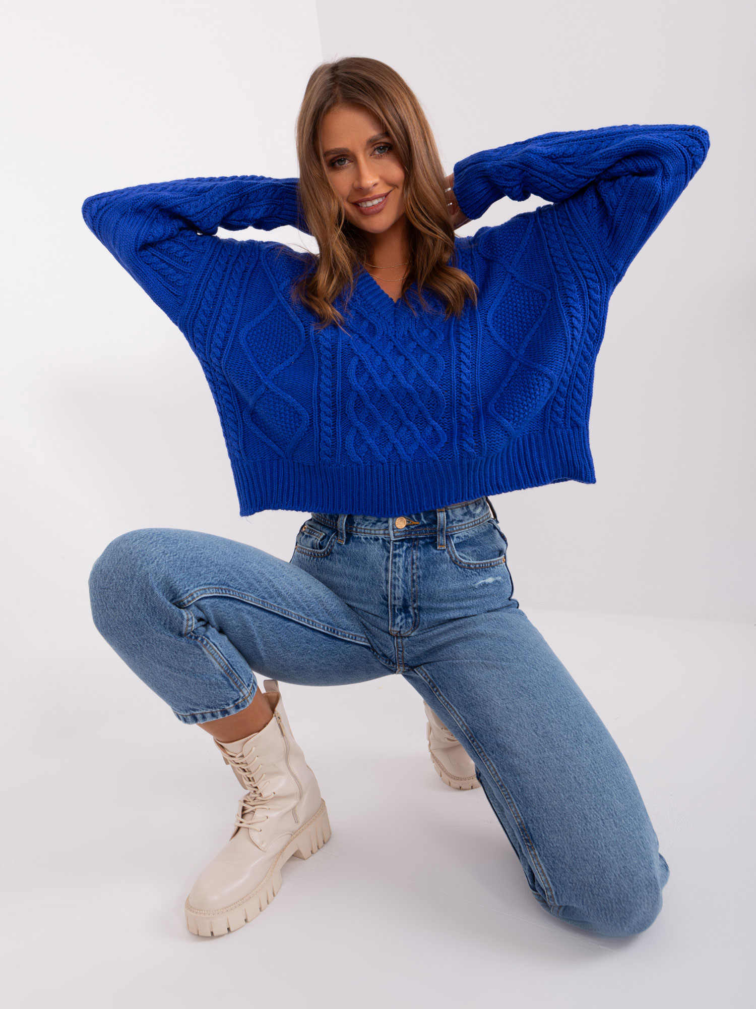 Cobalt Blue Cable Knit Neckline Sweater