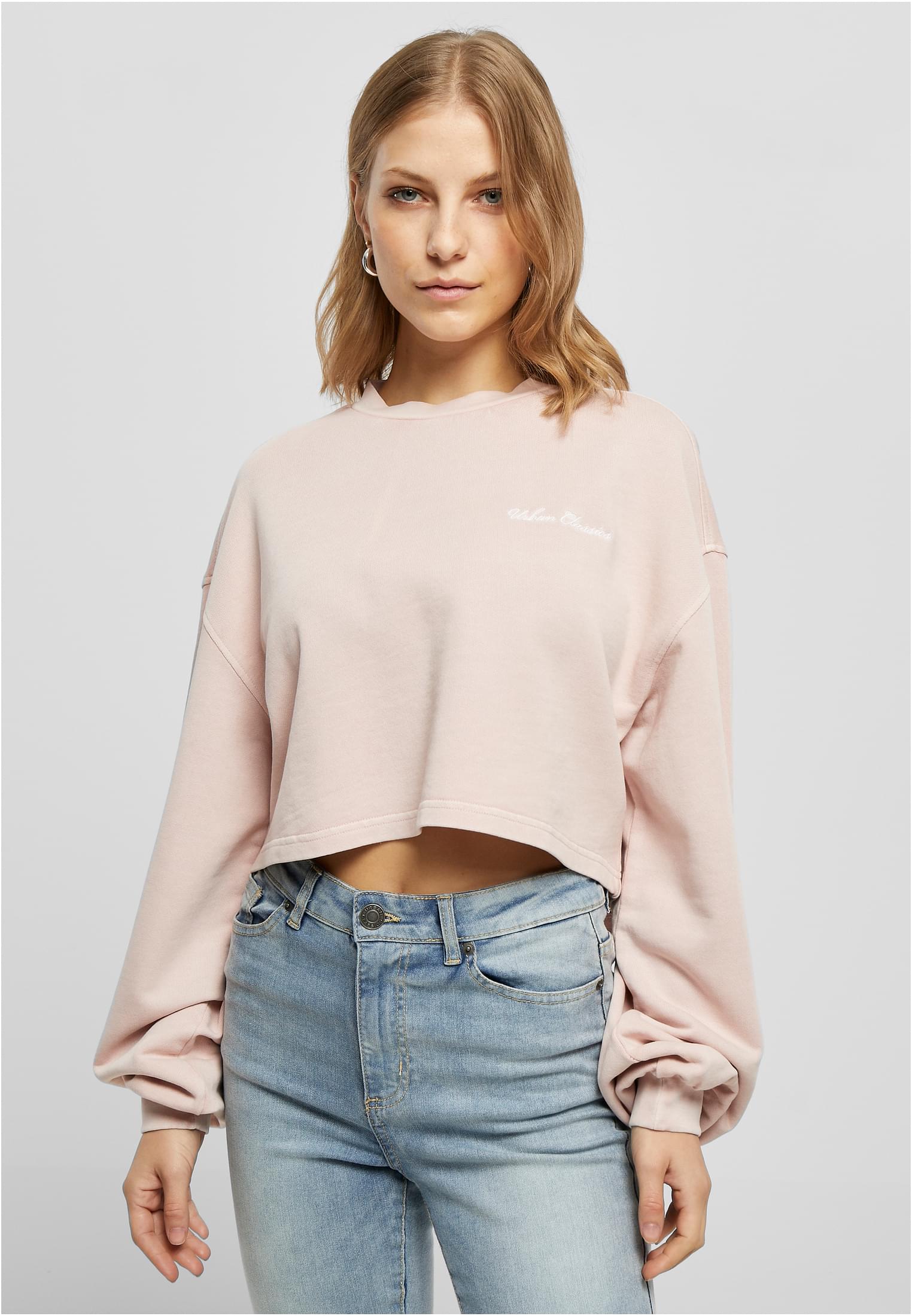 Ladies Cropped Small Embroidery Terry Crewneck Pink