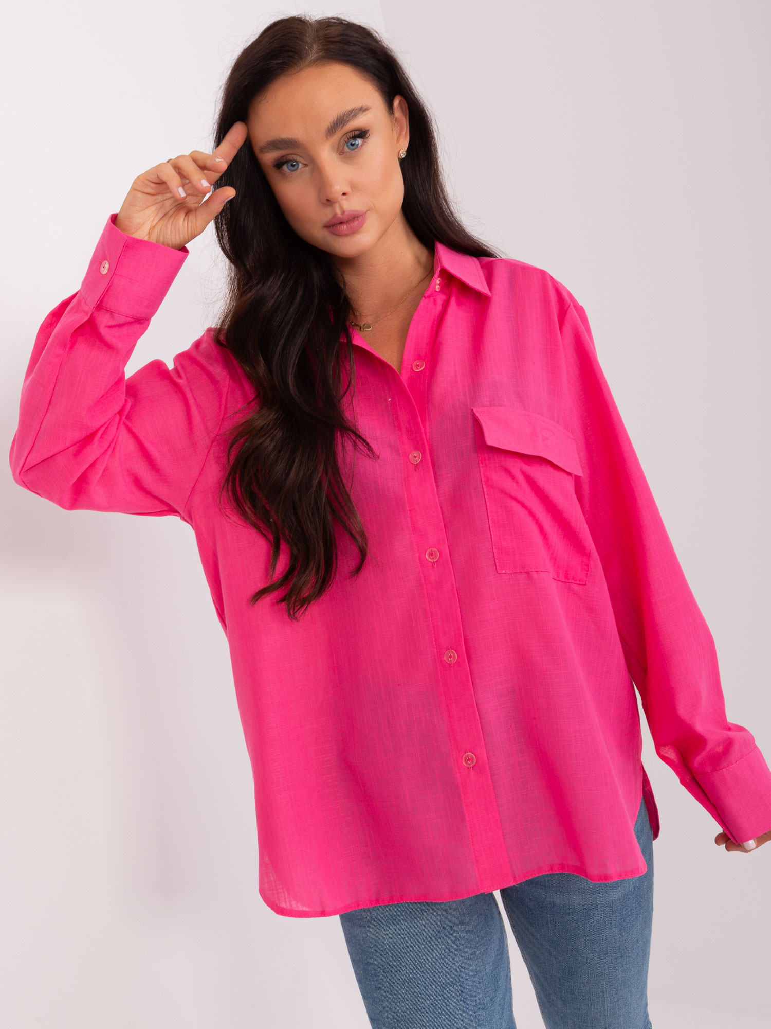 Levně Tmavě růžová volná lněná košile pro ženy