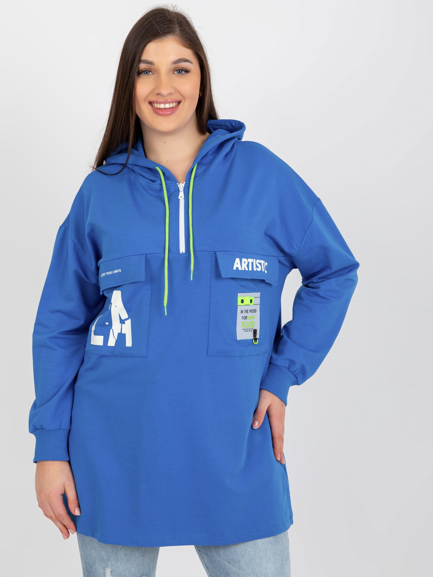 Dark Blue Sweatshirt Plus Size Longline With Slogans