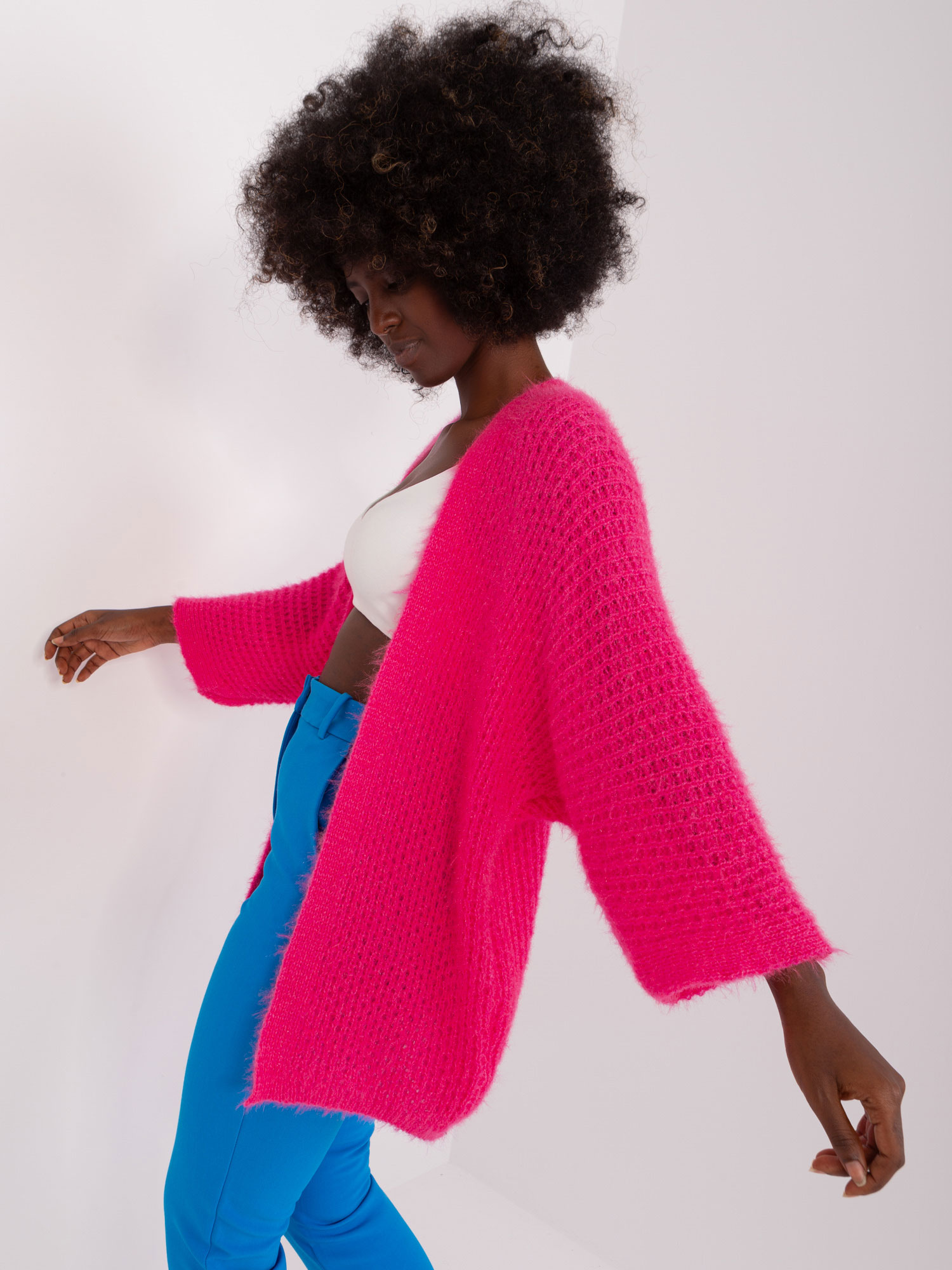 Fluo Pink Ladies Cardigan With 3/4 Sleeves