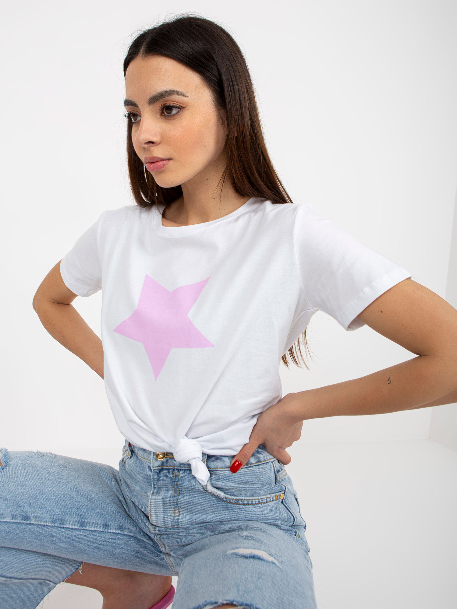White and light purple cotton T-shirt with print