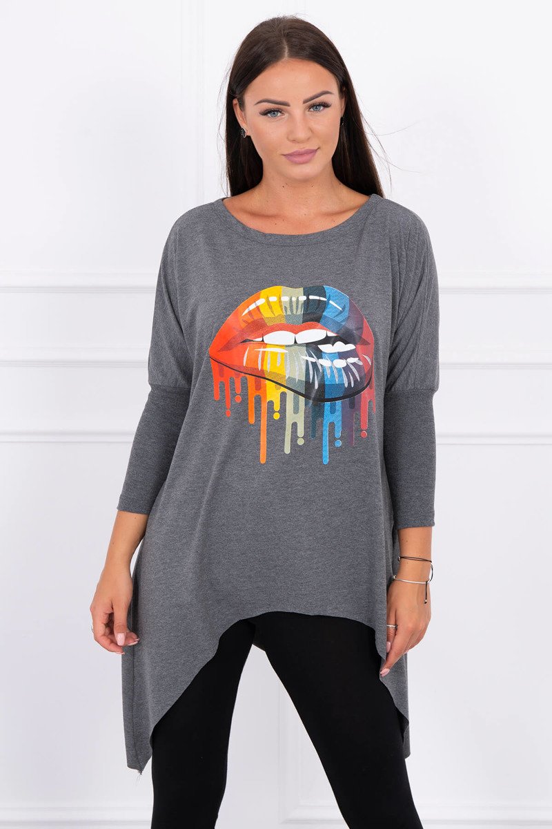 Oversize blouse with iridescent graphite lip print