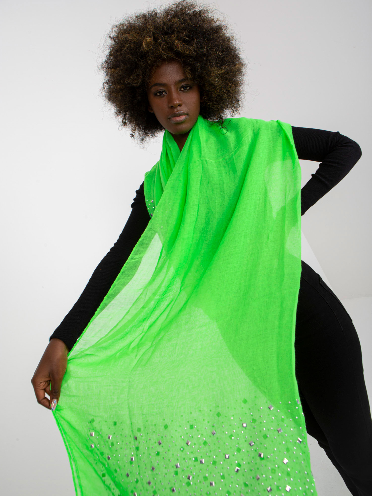 Fluo green scarf with application of rhinestones