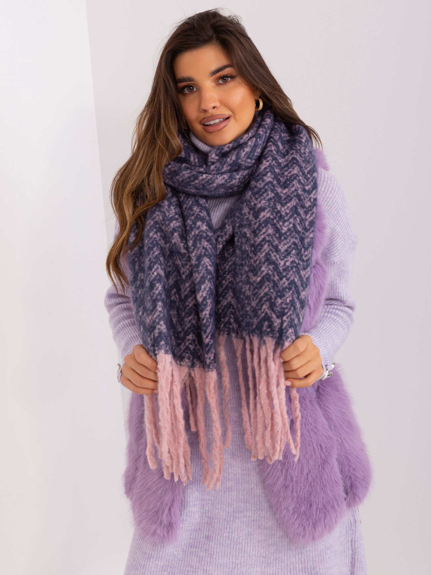 Navy blue and pink fringed scarf