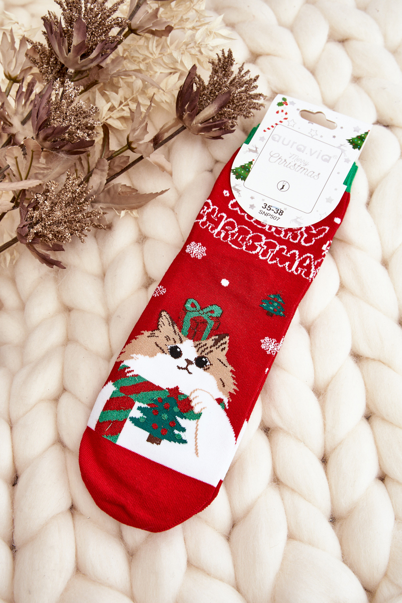 Levně Dámské vánoční ponožky s červeným koťátkem