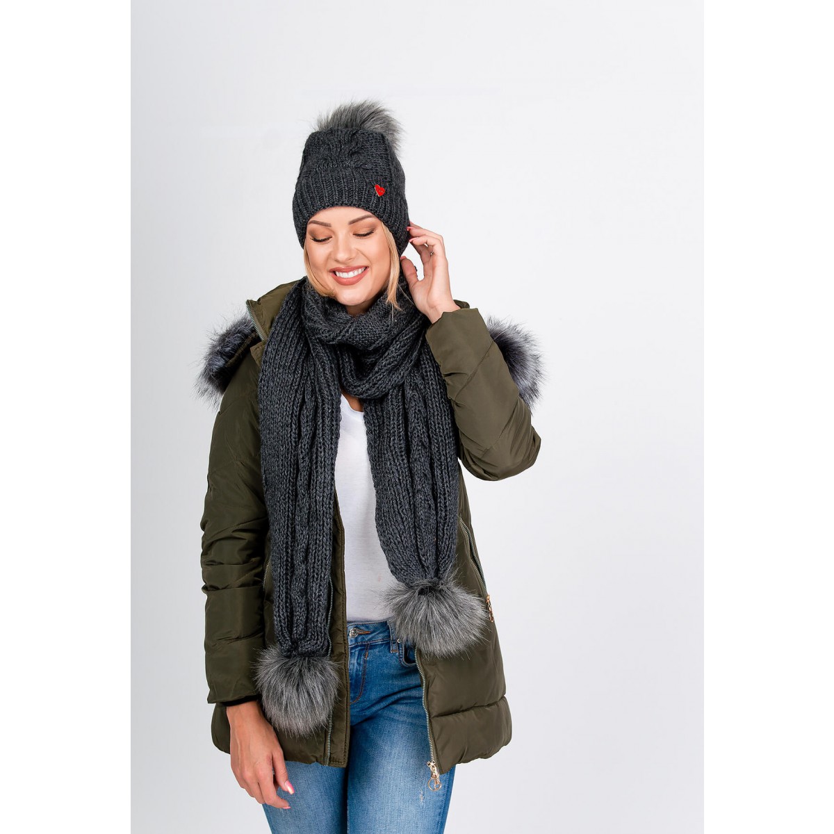 Women's winter set cap + scarf with pompoms - dark gray,