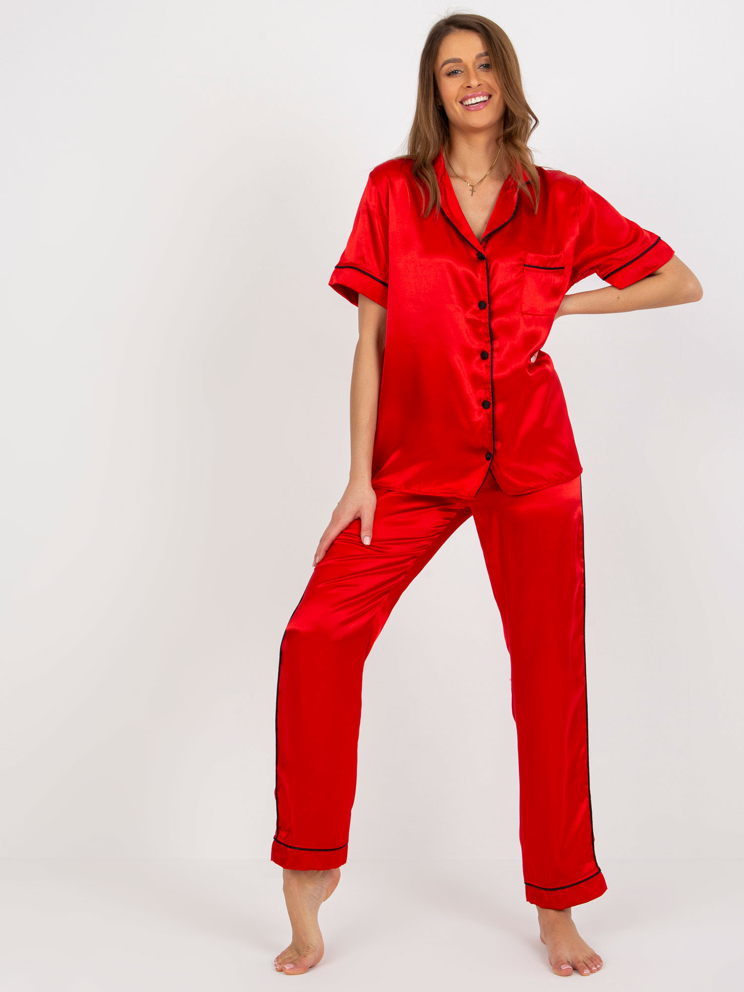 Red women's satin pajamas with shirt and trousers