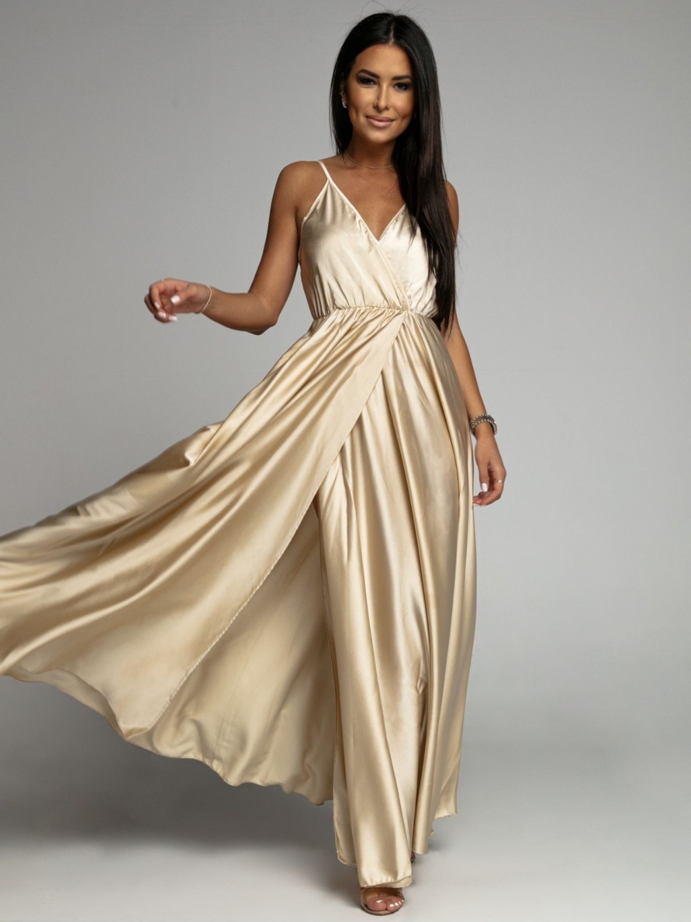 Long satin dress with beige straps