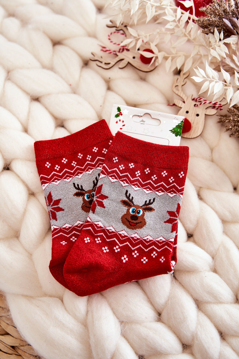 Levně Dámské vánoční ponožky lesklé sobově Červená a šedá