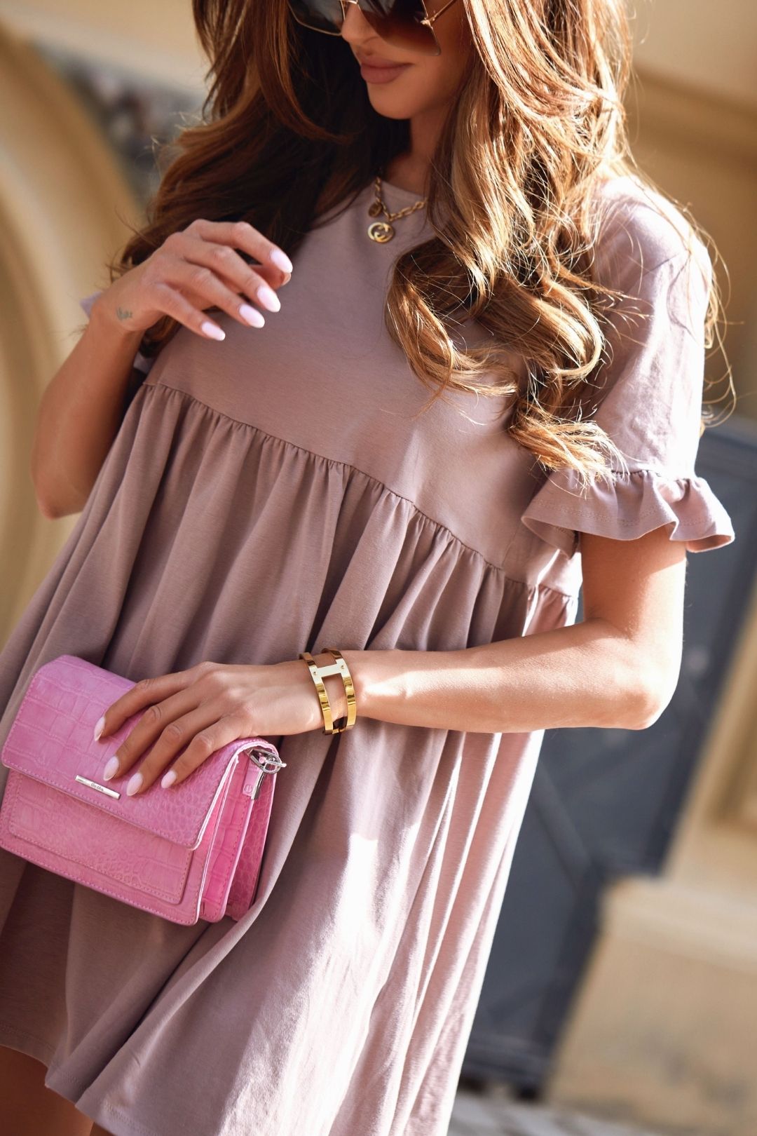 Oversize dress with short sleeves cappuccino