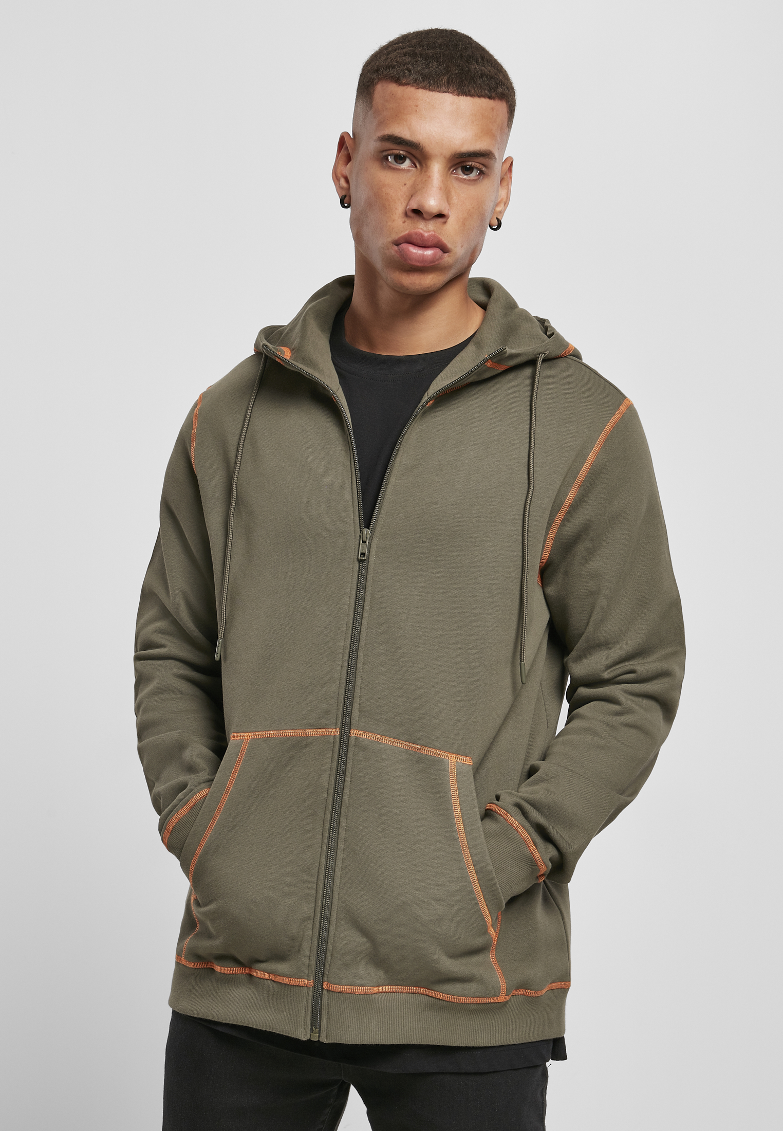 Organic Contrast Flatlock Stitched Zipper Hoody Olive/Rusty