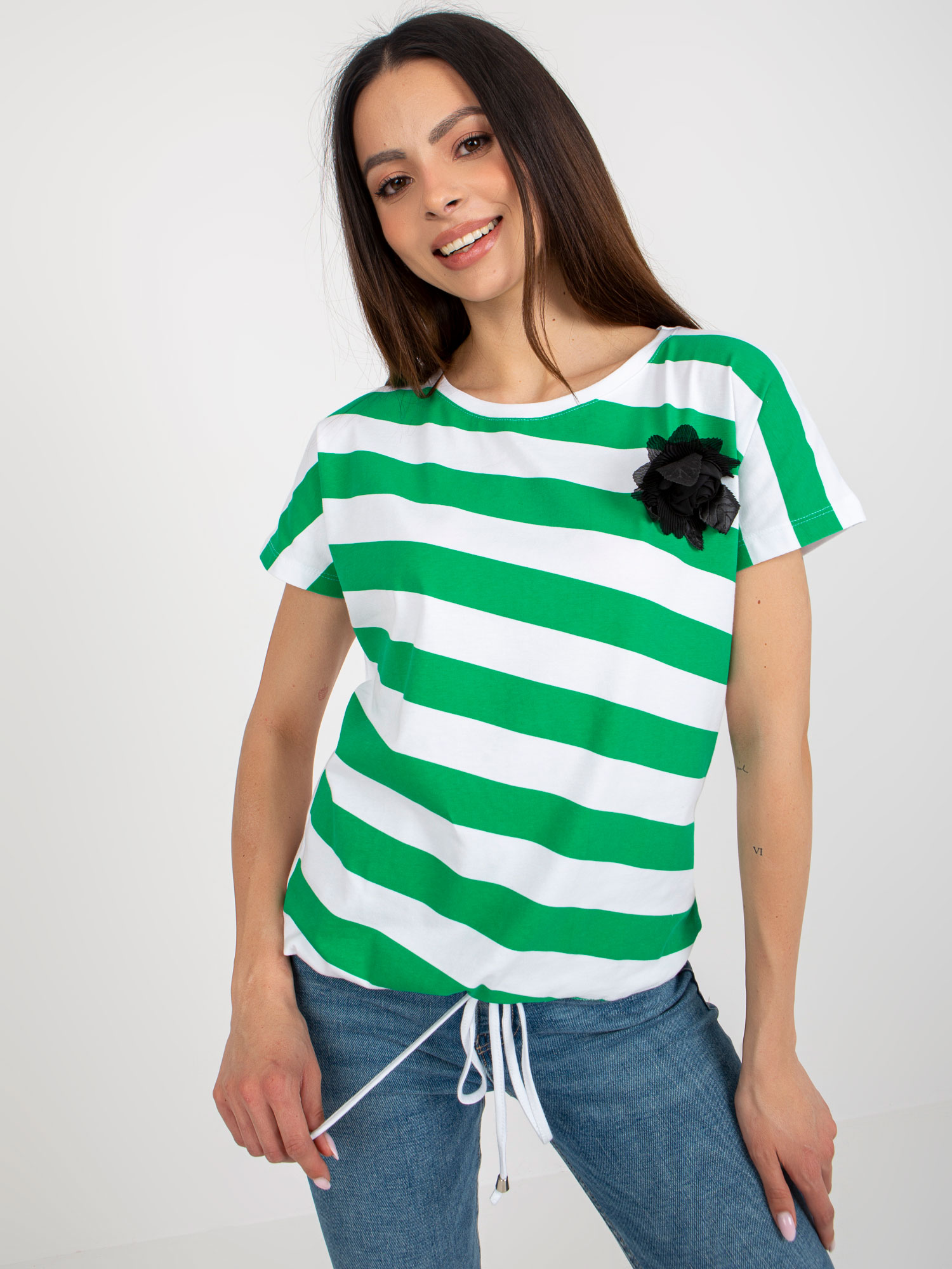 White-green lady's striped blouse with flower