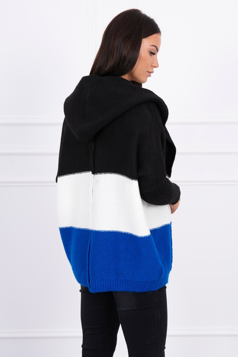 Levně Tříbarevný svetr s kapucí černá+ecru+fialovo-modrá