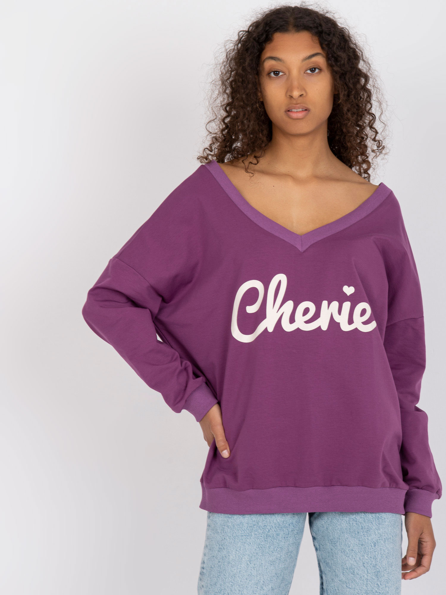 Purple Cotton Sweatshirt With Printed V-neck