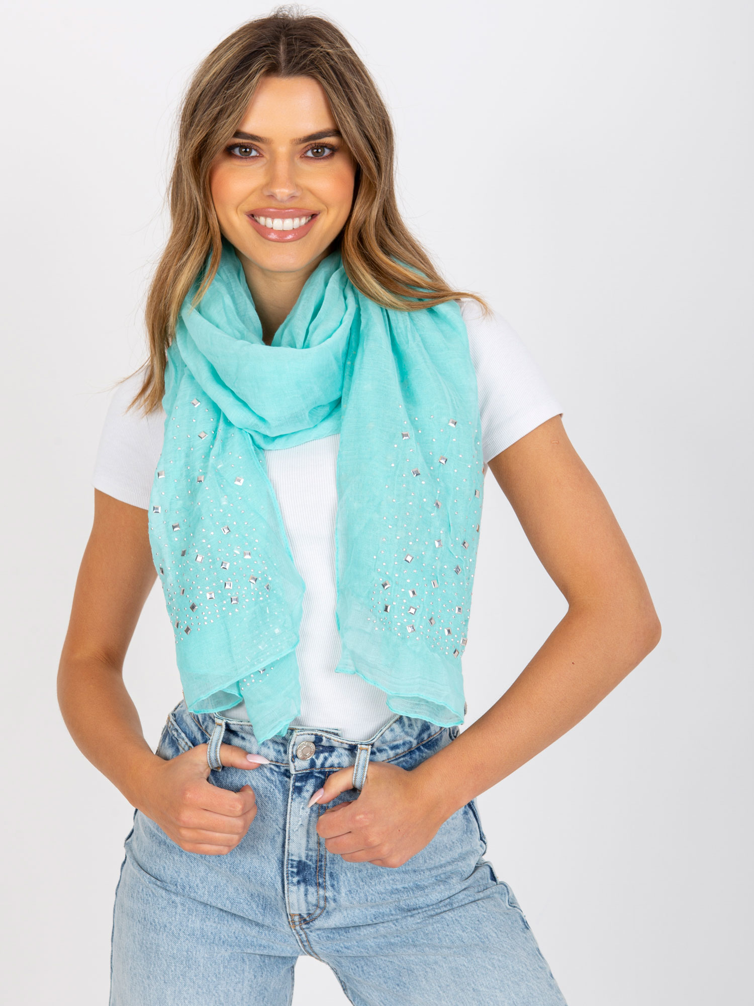 Light blue airy scarf with application