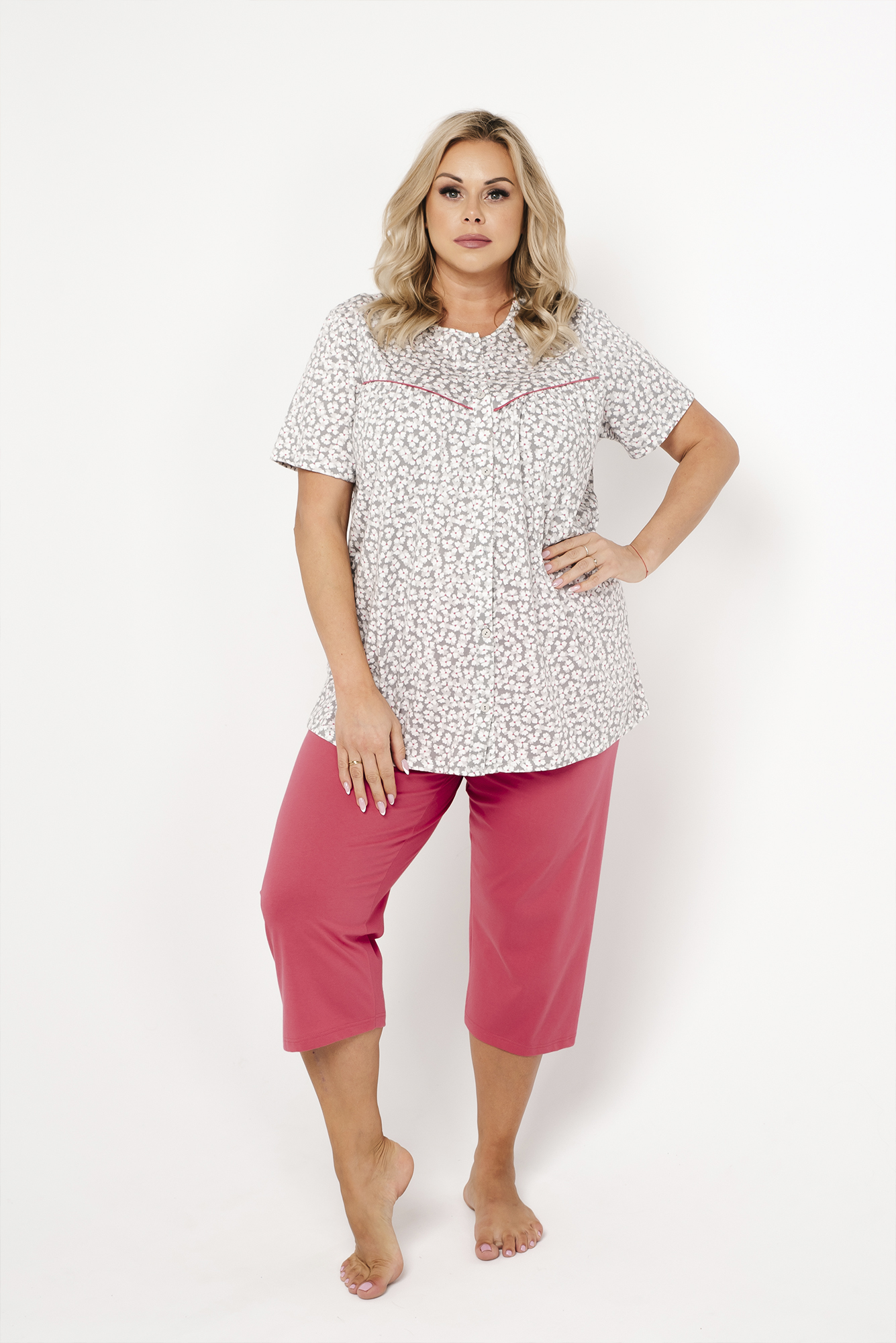 Women's pyjamas Abella, short sleeves, 3/4 leg - print/raspberry