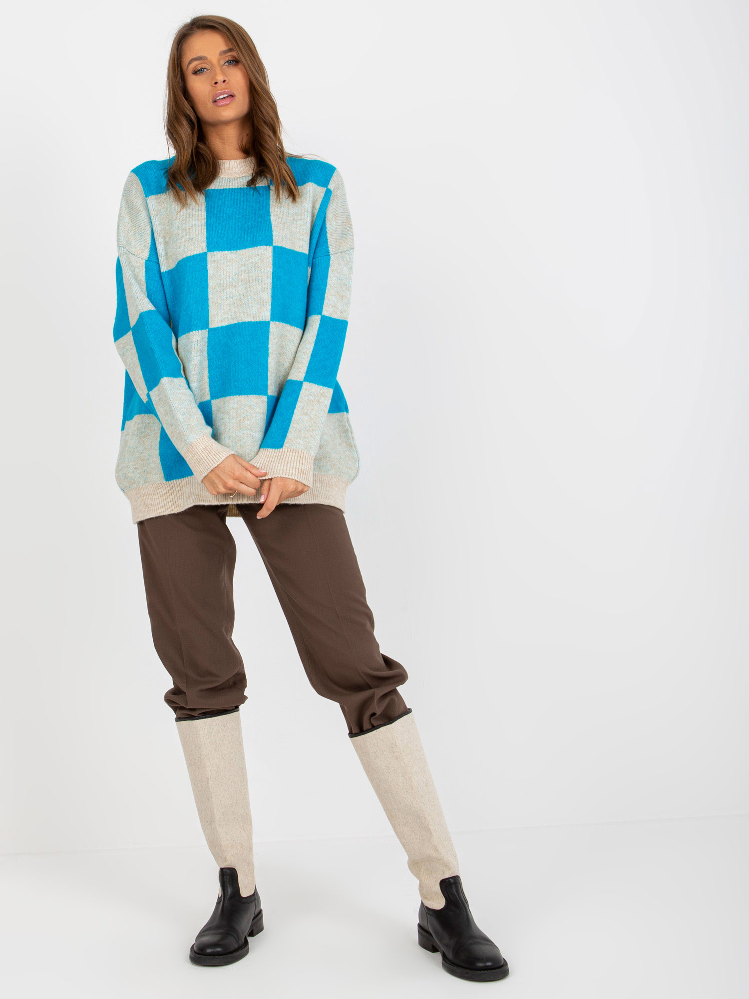 Oversized Blue-beige Checkered Sweater For Women