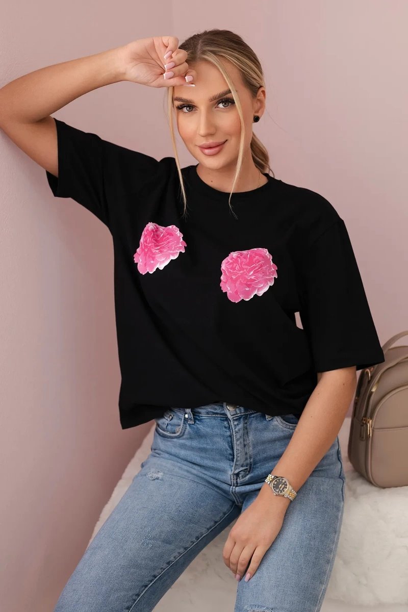 Cotton blouse with a floral print in black