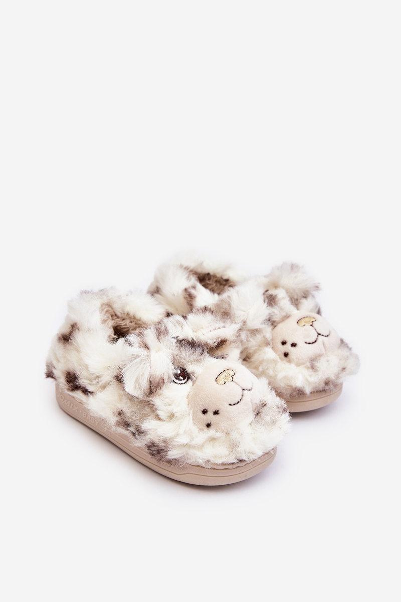 Fluffy Children's Slippers With Teddy Bear, Light Beige Apolania