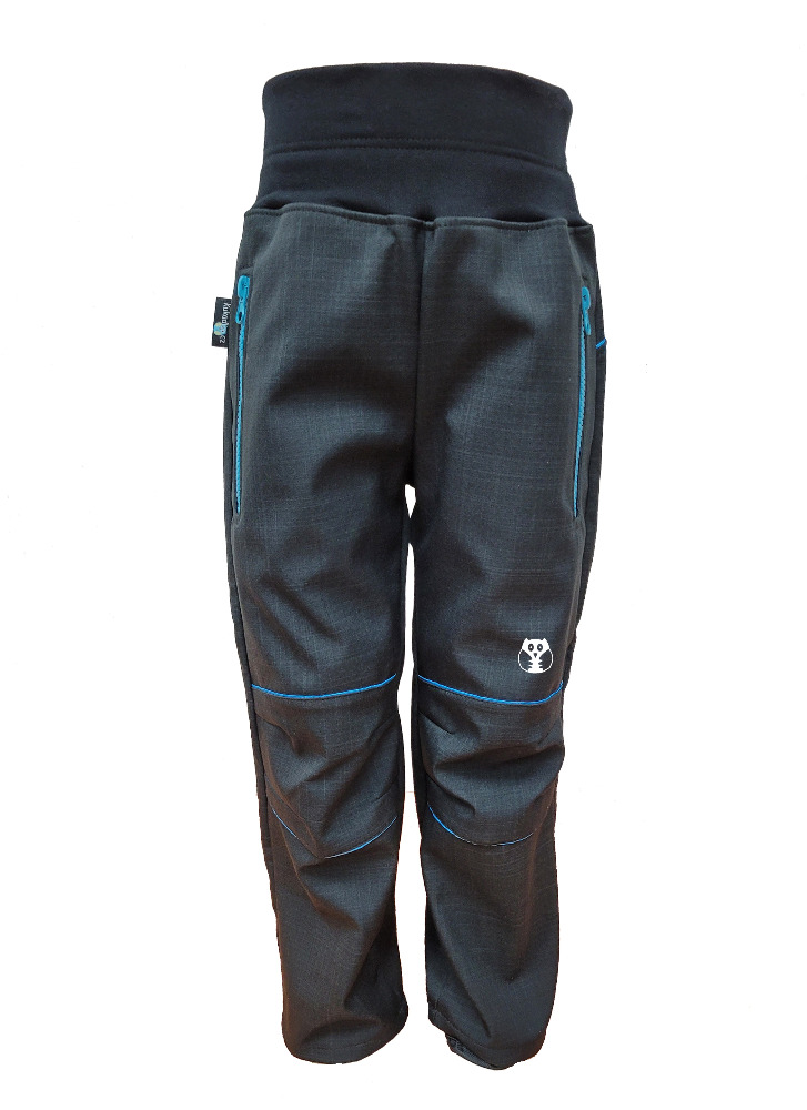 Levně Dětské softshellové kalhoty LETNÍ - černé s modrými kapsami