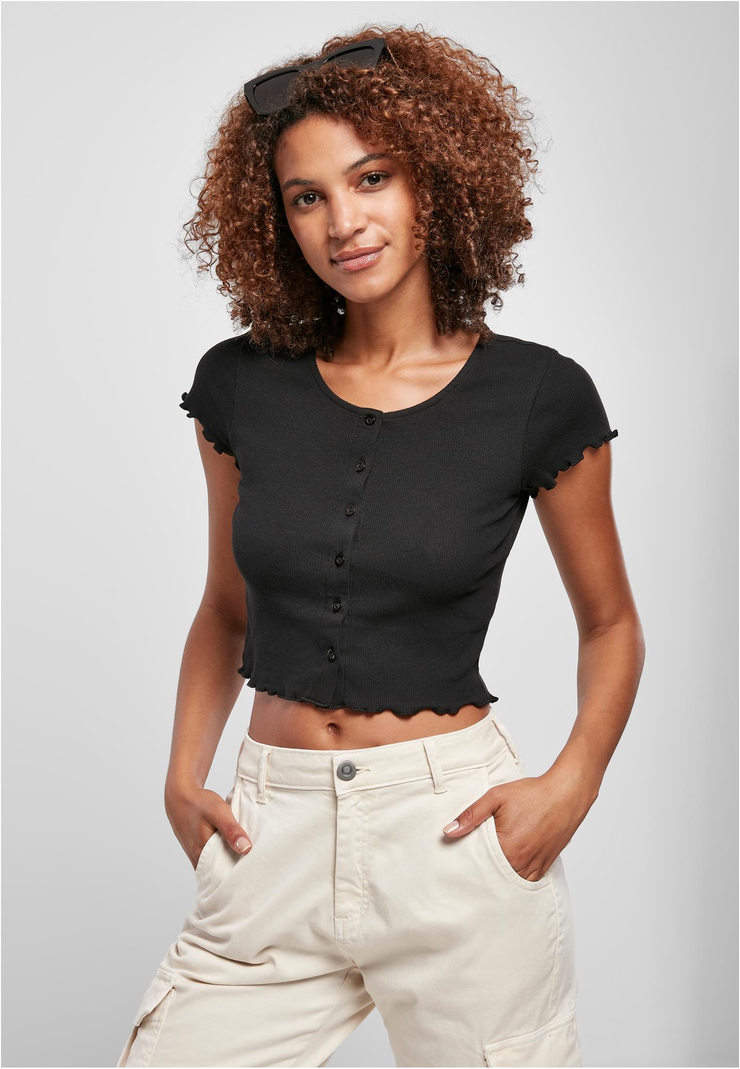 Κυρίες Cropped Button Up Rib Tee Μαύρο