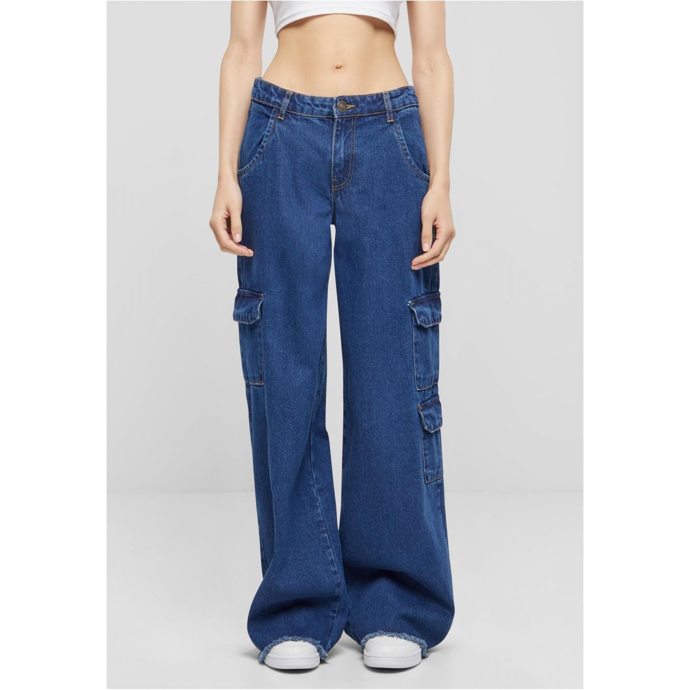 Women's Cargo Jeans With Medium Waist - Blue